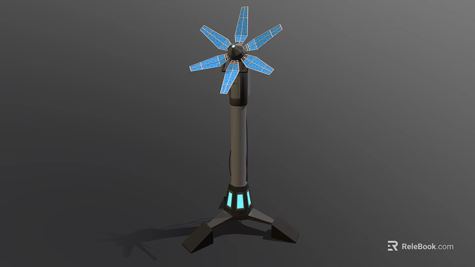 Modern Floor Lamp With Flower Petal Blue Panels Black Pole And Blue Illuminated Base 3d model 