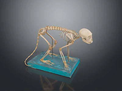 Standing Monkey Skeleton on Blue Base with Detailed Anatomical Structure 3d model