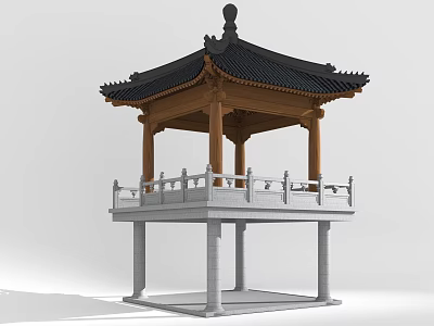 Traditional Chinese Pavilion With Wooden Structure Black Roof Stone Base And Railing 3d model