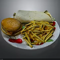 Fast Food Meal Plate With Hamburger French Fries Wrap And Cherries