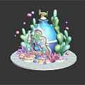 Colorful Cartoon Underwater Scene With Blue Dome House Coral Bubbles and Little Fish