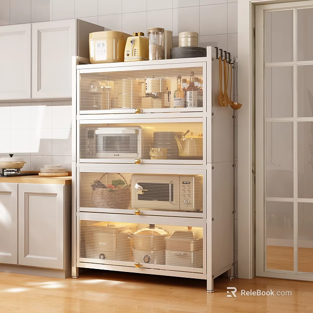 Modern Kitchen Storage Rack With Glass Doors For Organizing Cookware Microwave And Jars 3d model 
