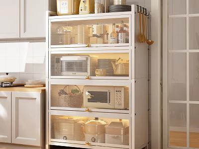 Modern Kitchen Storage Rack With Glass Doors For Organizing Cookware Microwave And Jars 3d model
