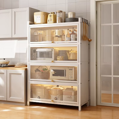 Modern Kitchen Storage Rack With Glass Doors For Organizing Cookware Microwave And Jars 3d model
