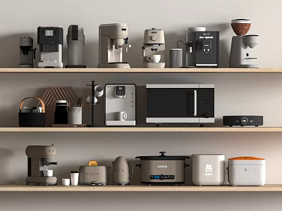 Organized Modern Kitchen Appliances On Shelves With Various Types And Functional Designs 3d model
