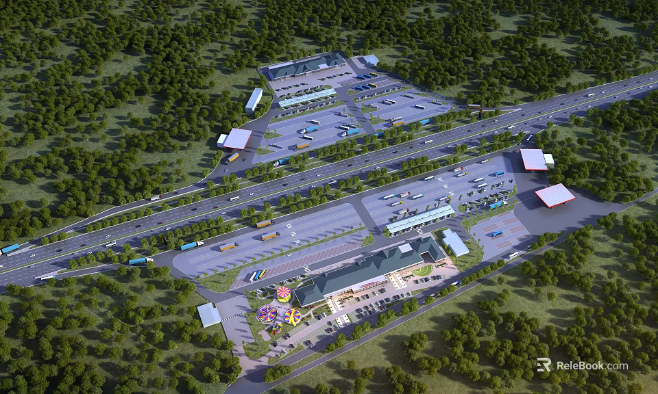 Aerial Planning Layout of Commercial Complex With Parking Roads and Green Areas 3d model 