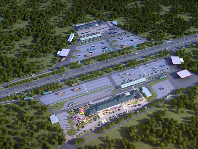 Aerial Planning Layout of Commercial Complex With Parking Roads and Green Areas 3d model