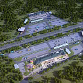 Aerial Planning Layout of Commercial Complex With Parking Roads and Green Areas