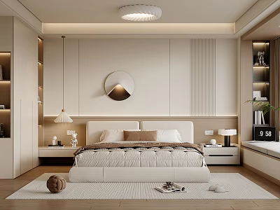 Serene Modern Bedroom Interior With Platform Bed Circular Mirror And Recessed Lighting 3d model
