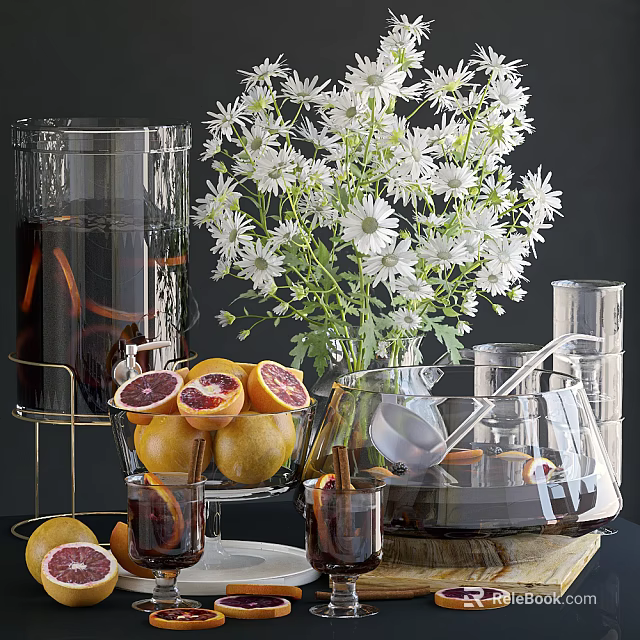 Dark Beverage in Clear Glass Container with Orange Peels Sliced Oranges White Daisies and Glassware 3d model 