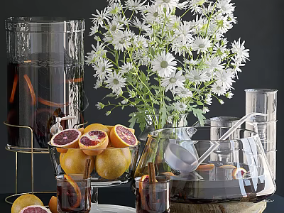 Dark Beverage in Clear Glass Container with Orange Peels Sliced Oranges White Daisies and Glassware 3d model