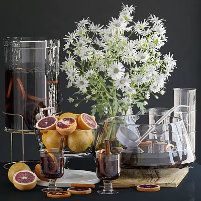 Dark Beverage in Clear Glass Container with Orange Peels Sliced Oranges White Daisies and Glassware 3d model