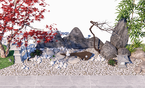 New Chinese style landscape sketch dry landscape rockery waterscape rockery plant stone 3d model