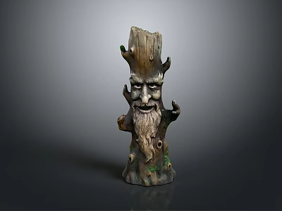 Handcrafted Wooden Stone Tree Stump Sculpture Featuring Bearded Face And Intricate Carved Details 3d model