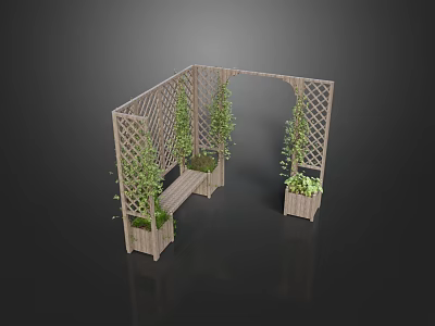 Wooden Garden Pergola With Lattice Design Potted Green Plants And Bench 3d model