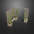 Wooden Garden Pergola With Lattice Design Potted Green Plants And Bench