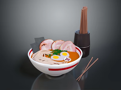 Delicious Ramen Bowl With Pork Slices Soft Boiled Eggs Green Onions Chopsticks And Chopstick Holder 3d model