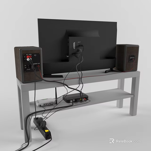 Black Television on Gray TV Stand with Brown Speakers Electronic Devices and Cables 3d model 