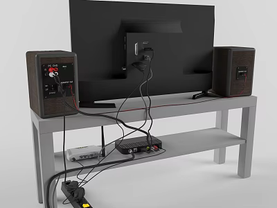 Black Television on Gray TV Stand with Brown Speakers Electronic Devices and Cables 3d model
