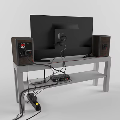 Black Television on Gray TV Stand with Brown Speakers Electronic Devices and Cables 3d model