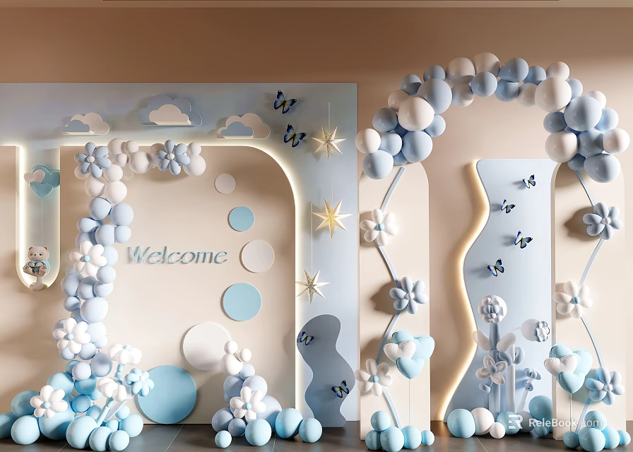 Light Blue White Floral Art Display With Welcome Sign Butterflies Stars Clouds And Balloon Arch 3d model 