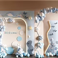 Light Blue White Floral Art Display With Welcome Sign Butterflies Stars Clouds And Balloon Arch