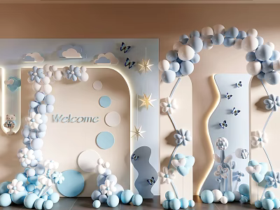 Light Blue White Floral Art Display With Welcome Sign Butterflies Stars Clouds And Balloon Arch 3d model