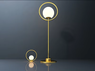 Golden Table Lamps With Circular Shades Large And Small On Dark Background With Reflection 3d model
