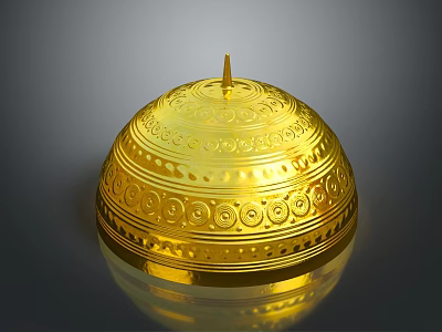 Golden Dome Shaped Traditional Headdress With Intricate Carvings And Top Spike 3d model
