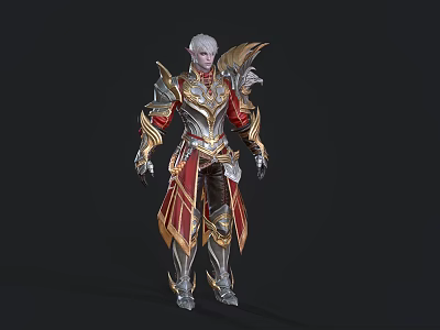 Fantasy Game Character With Silver Hair And Red Gold Ornate Armor Design 3d model
