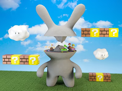 Cartoon Scene Featuring Rabbit Shaped Figure With Question Mark Bricks And Little Characters 3d model