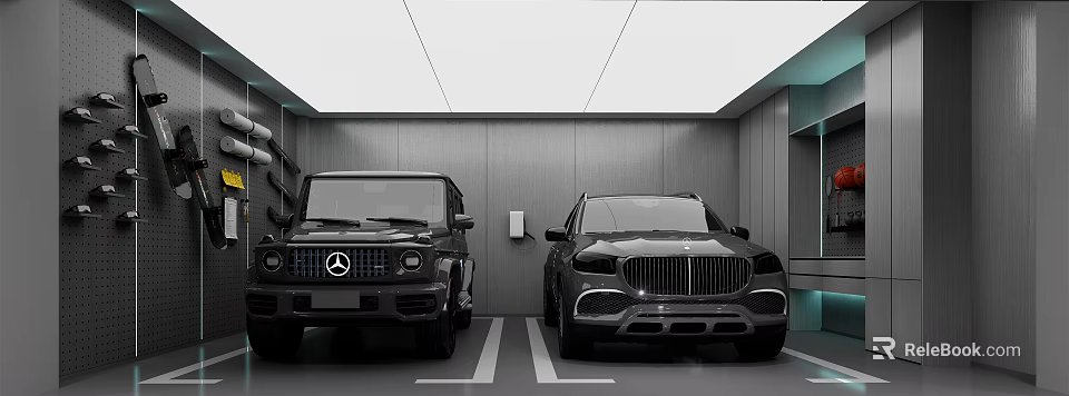 Modern Garage Interior With Two Cars Parked Clean Design And Parking Lines 3d model 