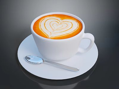 Cup of Coffee with Heart Latte Art Served on White Saucer and Silver Spoon 3d model