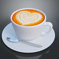 Cup of Coffee with Heart Latte Art Served on White Saucer and Silver Spoon