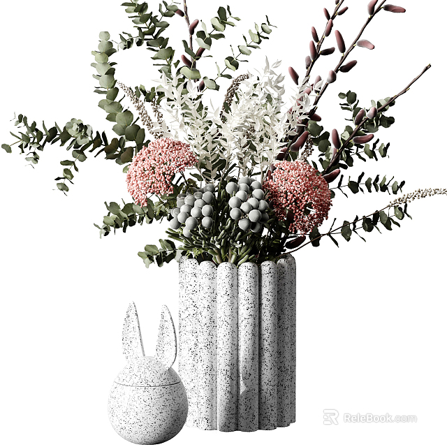 Gray Textured Vase With Pink Flowers Green Eucalyptus Leaves And Little Rabbit Ornament 3d model 