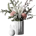 Gray Textured Vase With Pink Flowers Green Eucalyptus Leaves And Little Rabbit Ornament