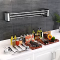 Essential Kitchen Utensils with Wall Mounted Rack Condiments Knives and Cutting Board on Countertop