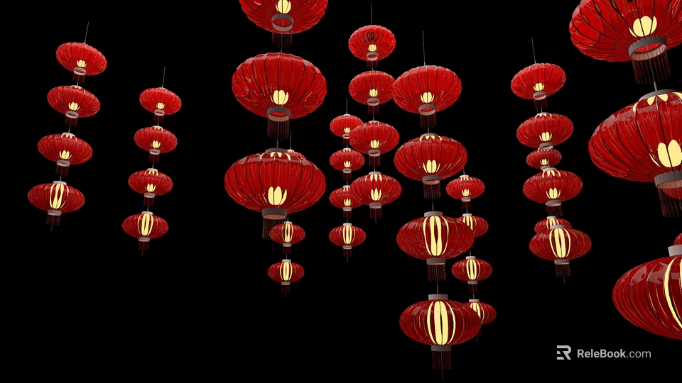 Hanging Red Lanterns Photo Spot With Black Background And Bright Illuminated Lights 3d model 
