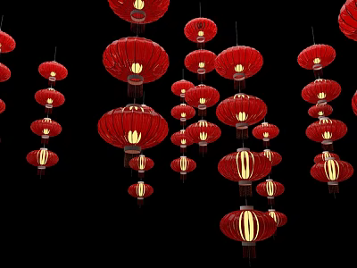 Hanging Red Lanterns Photo Spot With Black Background And Bright Illuminated Lights 3d model