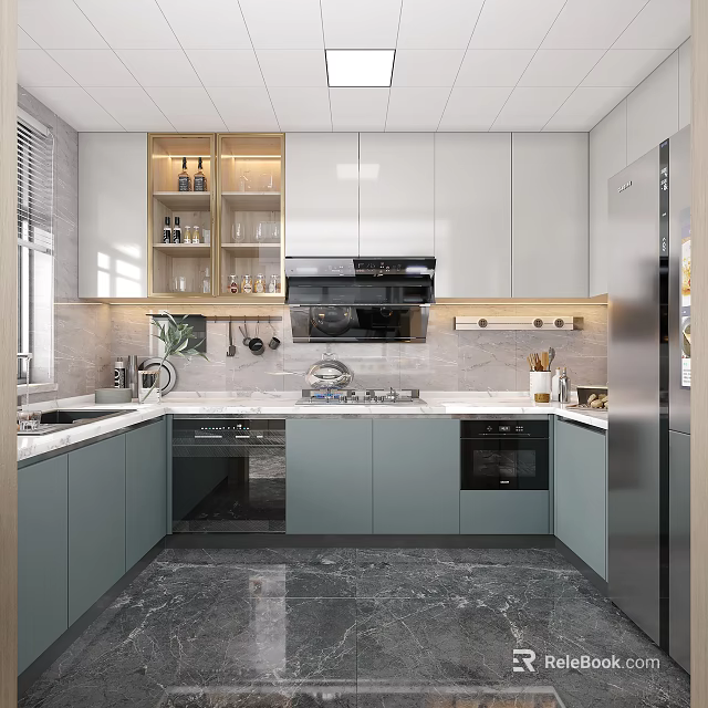 Elegant Modern Two Tone Kitchen With Glass Display Cabinets Marble Countertops And Built In Appliances 3d model 