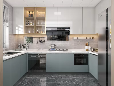 Elegant Modern Two Tone Kitchen With Glass Display Cabinets Marble Countertops And Built In Appliances 3d model