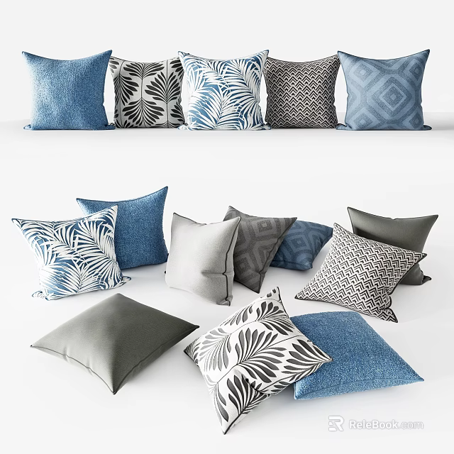 Stylish Decorative Pillows With Leaf And Geometric Patterns In Blue Gray White Tones 3d model
