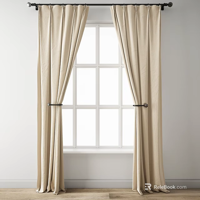 Beige Soft Curtains Hung On Window With White Panes And Tiebacks 3d model 