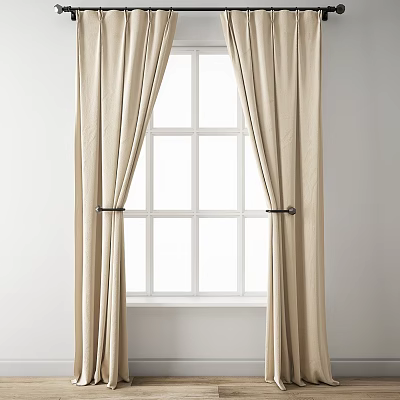 Beige Soft Curtains Hung On Window With White Panes And Tiebacks 3d model