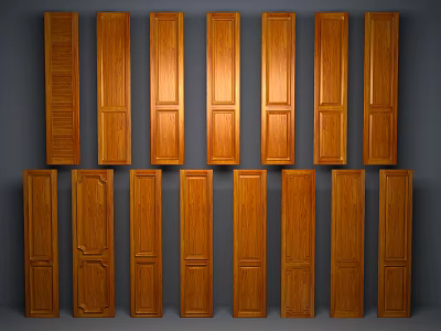 Multiple Wooden Doors With Natural Wood Grain Vertically Arranged On Gray Background 3d model