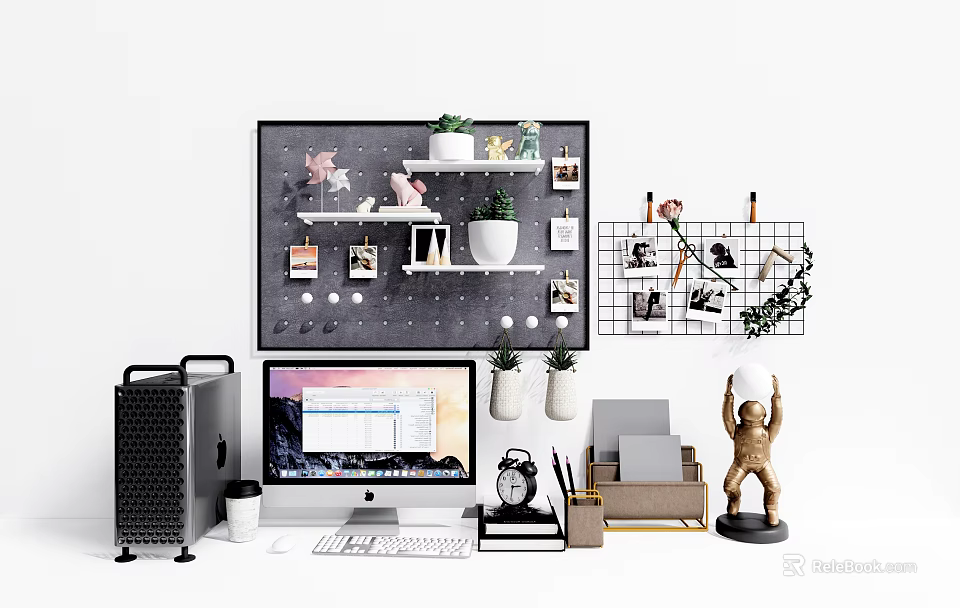 Modern Home Office Desk Setup With Computer Monitor Decorative Plants Photos And Statue 3d model 
