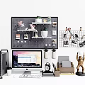 Modern Home Office Desk Setup With Computer Monitor Decorative Plants Photos And Statue