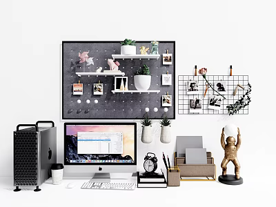 Modern Home Office Desk Setup With Computer Monitor Decorative Plants Photos And Statue 3d model