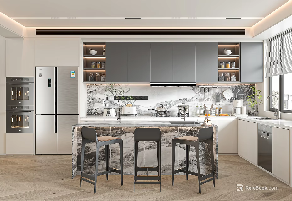 Modern Open Kitchen Interior With Marble Countertop Stools Gray Cabinets And Appliances 3d model 