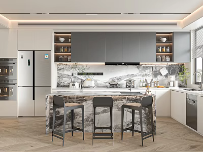 Modern Open Kitchen Interior With Marble Countertop Stools Gray Cabinets And Appliances 3d model